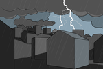 Gewitter können überall und unerwartet auftreten. Eine Blitzschutzanlage schützt Gebäude und elektronische Geräte zuverlässig vor Bränden und Überspannung. Blitzeinschlag im Siedlungsgebiet bei einem Sommergewitter, Wetterleuchten im Hintergrund.